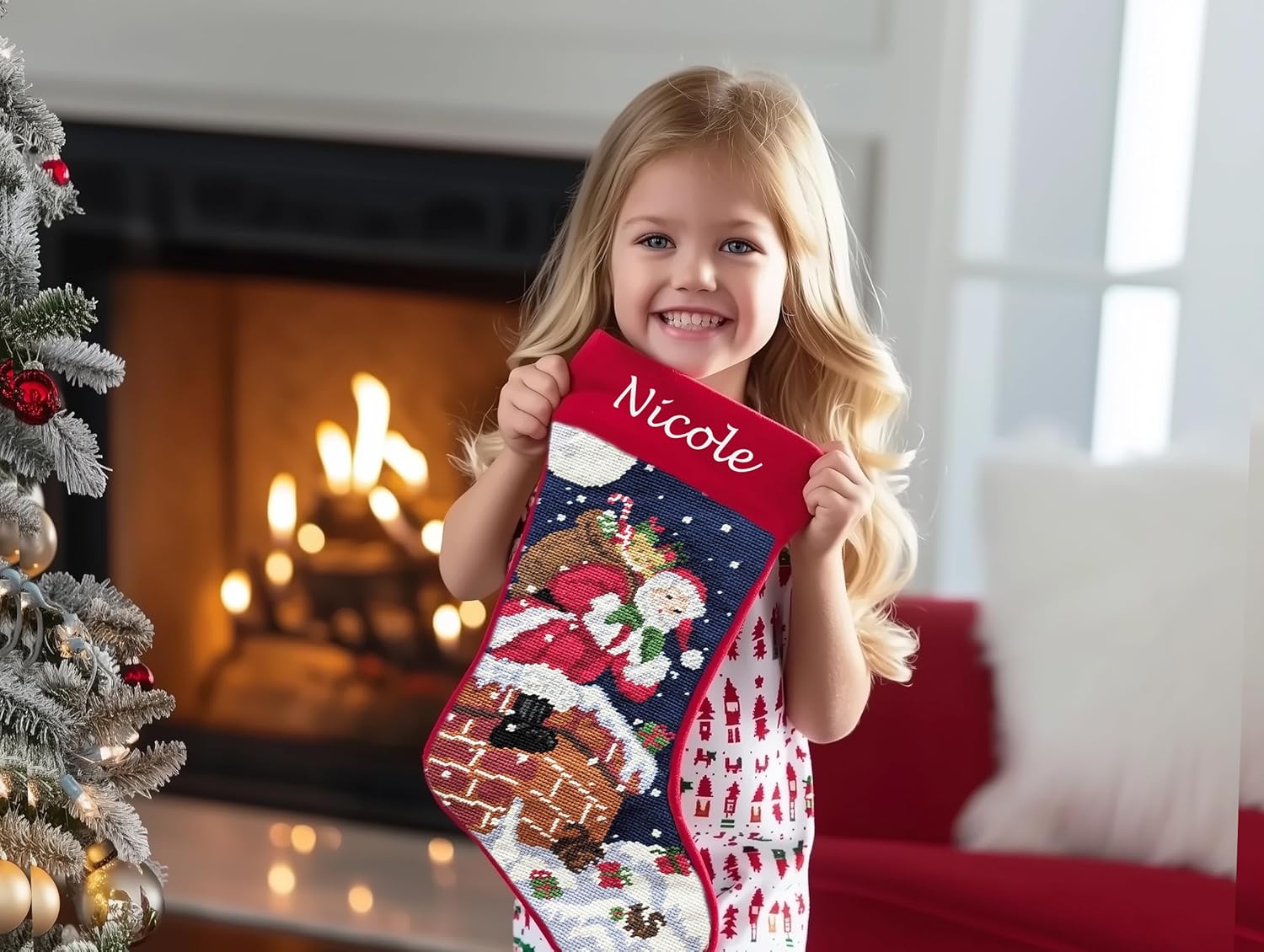 Santa on Chimney Needlepoint Christmas Stocking - Personalized Name Embroidery Family Holiday Keepsake Décor