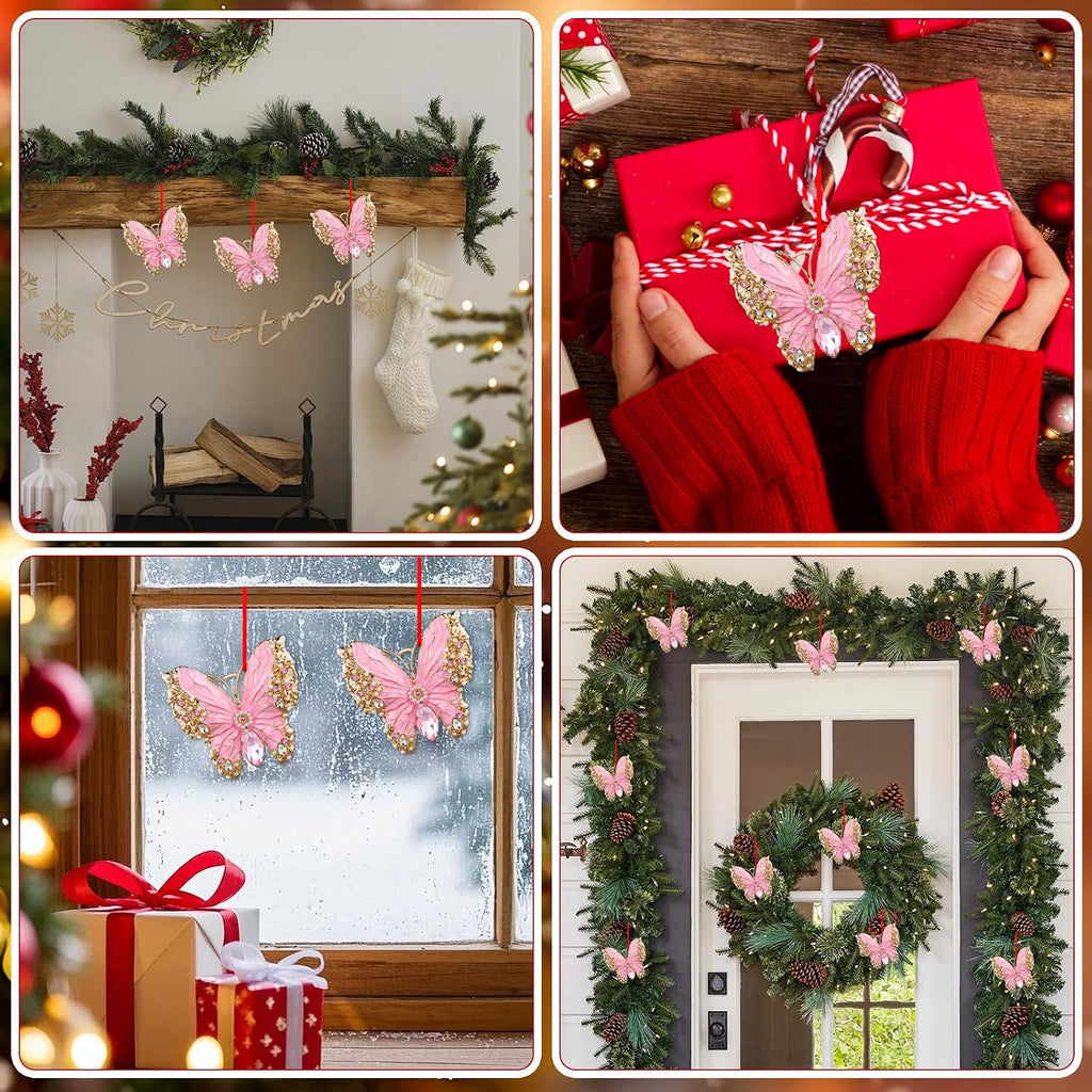 PETCEE Pink Butterfly Ornament - Metal Butterfly Hanging Ornaments for Christmas Tree Decorations Monarch Butterflies Christmas Ornaments Keepsake Gifts for Women Girls Daughter Mother Granddaughter