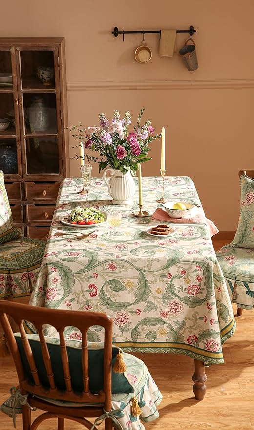 patdrea Designer Green Extra Long Table Cloth for Rectangle Table,Vintage Linen Leaves Pattern Tablecloth,Floral Cover Decor for Kitchen Dining Christmas,Thanksgiving,Tea Party,63"x110"-Cecilia a