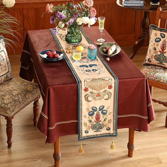 patdrea Designer Casual Wild Floral Velvet Table Runner 118 Inch Long, Brown Occult Bouquets Pattern Table Mat, Decoration for Kitchen Dining Coffee Table Cabinet Banquet Thanksgiving,12"*118"