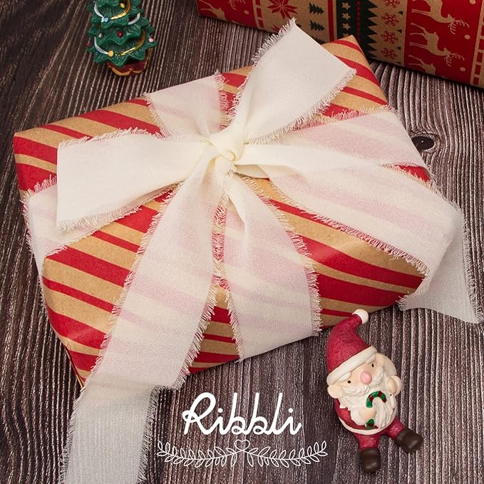Ribbli Ivory Chiffon Ribbon 1-1/2 inch x 30 Yard Handmade Fringe Chiffon Ivory Silk Ribbon,Cream Ribbon for Wedding Invitations, Bridal Bouquets Wrapping, Flower Arrangement Decoration