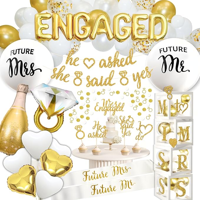 248 Pc Premium Engagement Party Decorations, Gold and White Bridal Decorations, He Asked She Said Yes Banner, Engaged Letter Balloons, Future Mrs and Mr Balloons & Sashes Ring Balloon, Boxes & more
