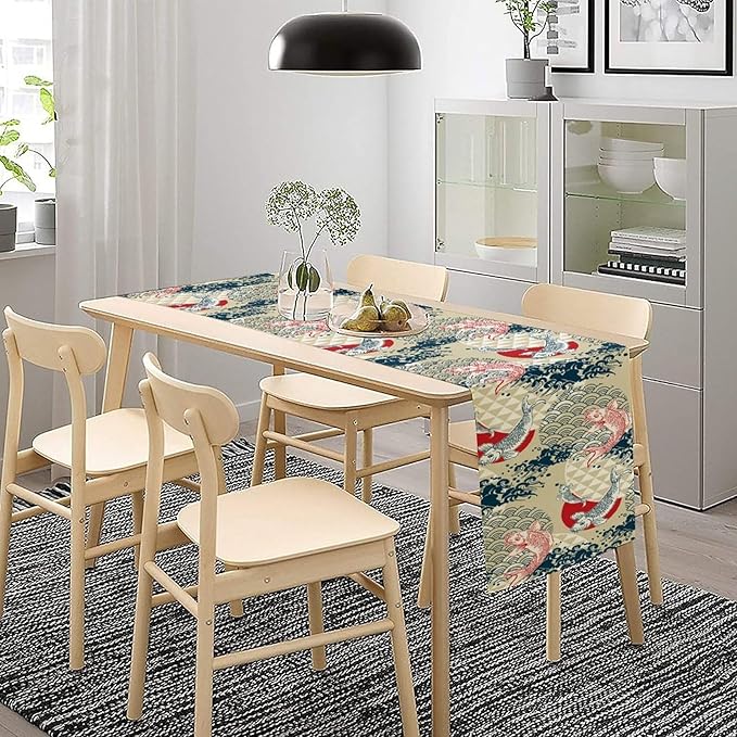 Japanese Table Runner Oriental Tradition Kio Fish Art Printed Burlap Runner Home Kitchen Dining Table Living Room Decor Fabric 1 Panel W13xL90in