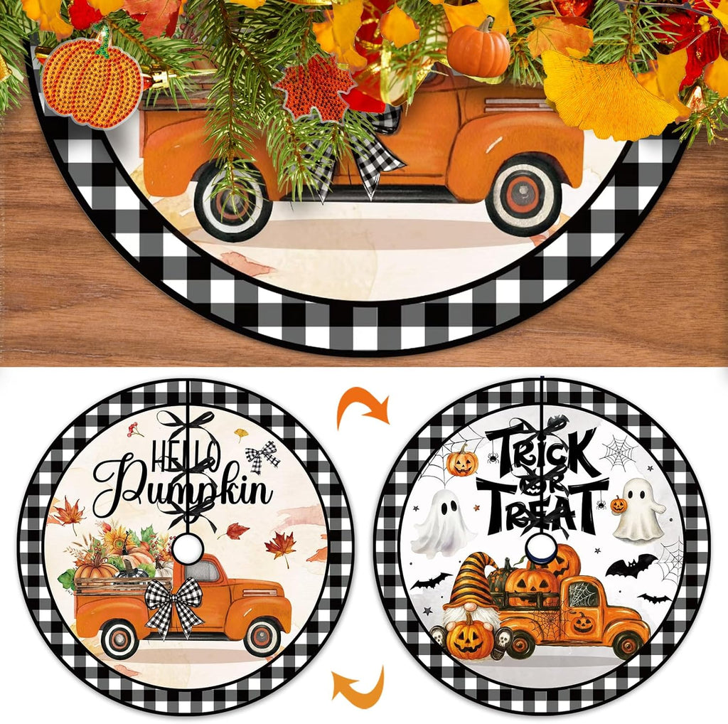 15 Inch Fall Tree Skirt Reversible Halloween Double Sided Print Mat Christmas Party Supplies for Funny Autumn Halloween Holiday Party Indoor Decoration Home Decor