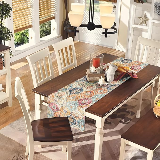 Snycler Table Runner Boho Table Runners Vintage Elegant Farmhouse Table Center Linen Decor for Home Dining Party Entrance (13x108 Inch) Boho-Yellow