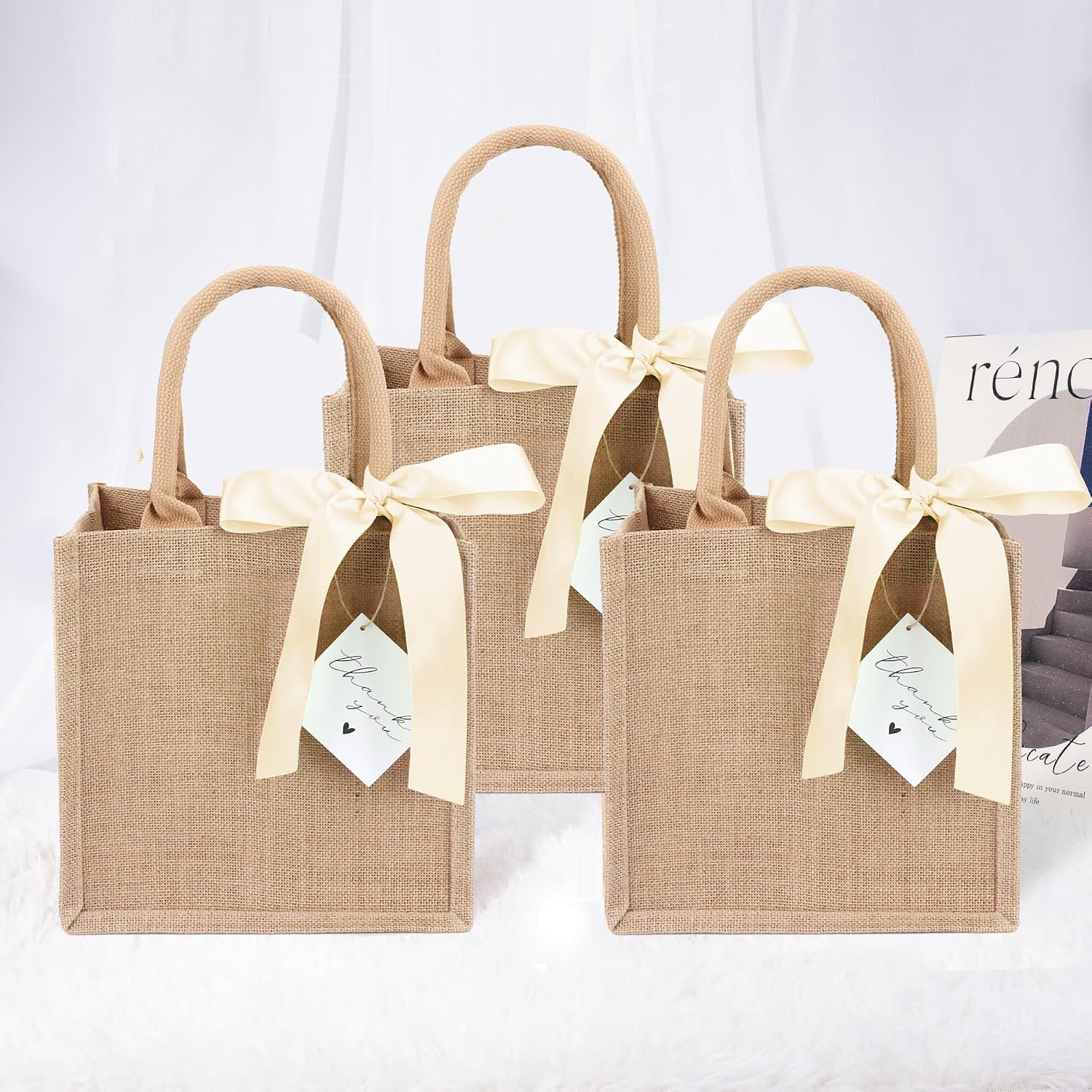 6 Pack Burlap Tote Bags with Handles Reusable Small Jute Gift Bags with Light Beige Silk Ribbons Waterproof Lining for Wedding Bridesmaid Mother's Day Bachelorette Beach Party