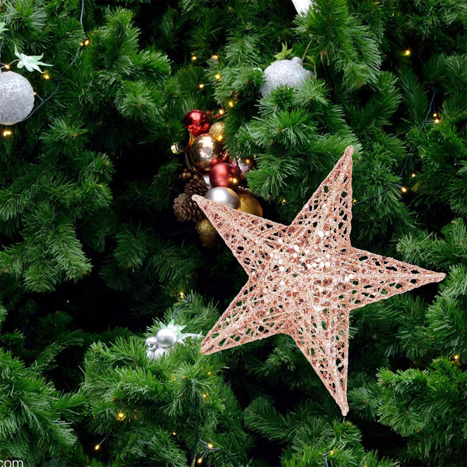 BinaryABC Christmas Tree Topper Star,Glittering Christmas Tree Decoration Ornaments,20cm (Rose Gold)