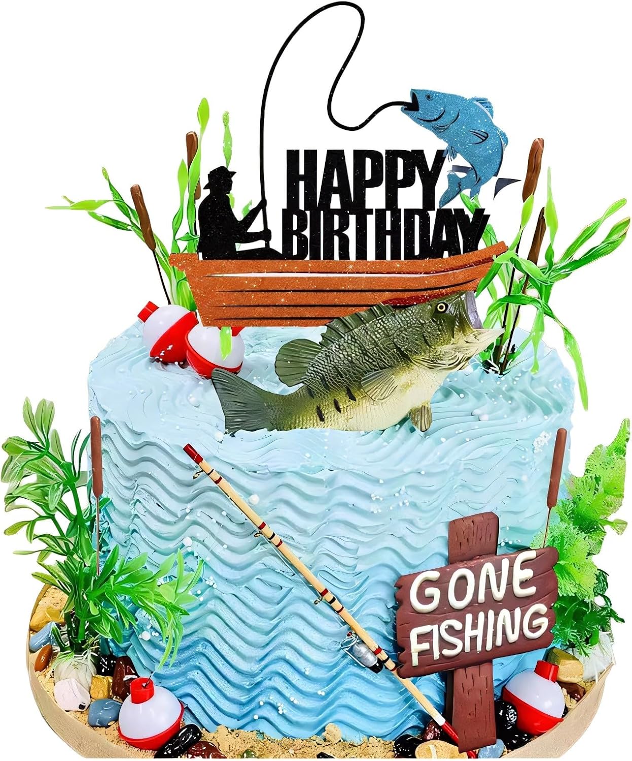 Fishing Cake Topper, Gone Fishing Cake Topper With Bass Reed For Fisherman Themed Decoration And Retirement Party Supplies
