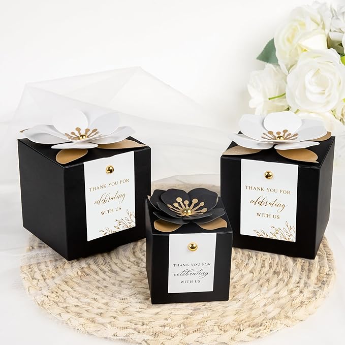 FEIYI 20 PCS Black Gift Boxes, 3 In 1 Favor Boxes with Floral Decor, White Thank You Tags Cupcake Containers Gift wrapping for Wedding, Baby Shower, Birthday, Decorations Party - 3.55x3.55x3.55