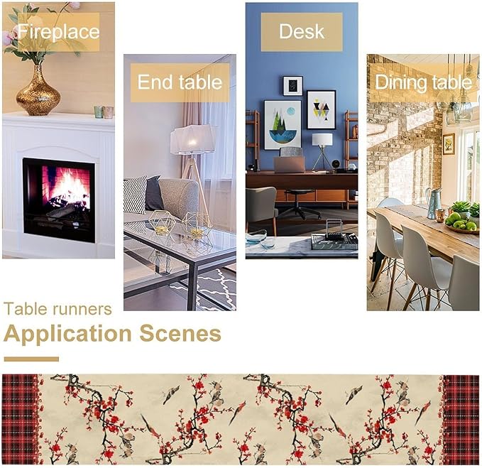 Bird Table Runner,Red Black Buffalo Plaid Blossom Seasonal Table Runner for Kitchen Dining Table Decoration Home Party Decor 13x70 Inch