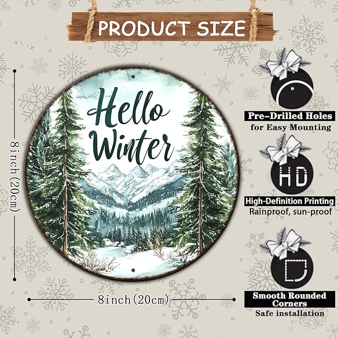 Round Christmas Metal Tin Sign Hello Winter Sign Christmas Pine Trees Welcome Door Sign Xmas Winter Holiday Farmhouse Rustic Wreath Sign for Indoor Outdoor Home Wall Window Decor 8 * 8 in