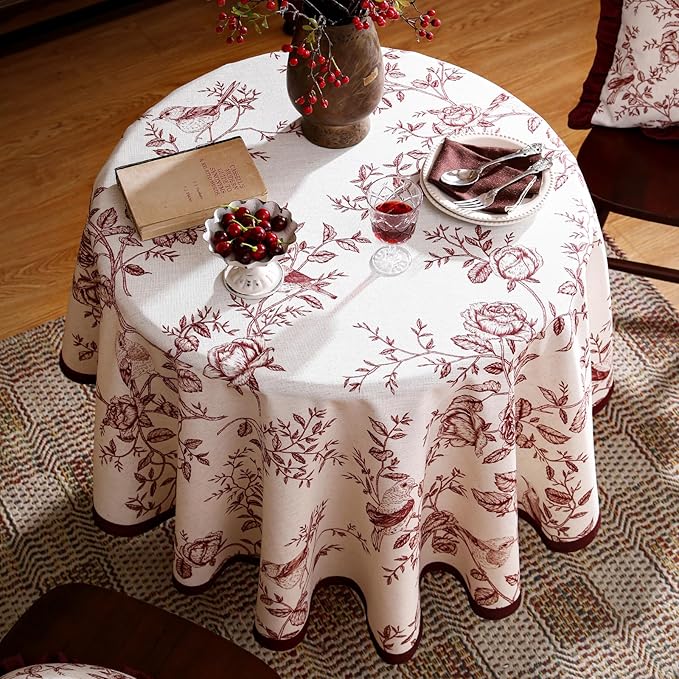 ISAENNE Designer Vintage Linen Small Round Tablecloth,Red Floral Pattern Linen Stain Resistant Table Cloth,Decor Tablecloths for Dining Thanksgiving Kitchen Tea Party,Diameter 55"-Harmony