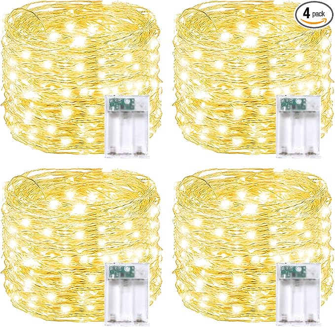 4 Pack 60 LED Fairy Lights Battery Operated with Timer, 20FT Waterproof Twinkle Lights Indoor Outdoor, Cuttable String Lights for Bedroom, Wedding, DIY, Centerpiece, Christmas Decorations (Warm White)