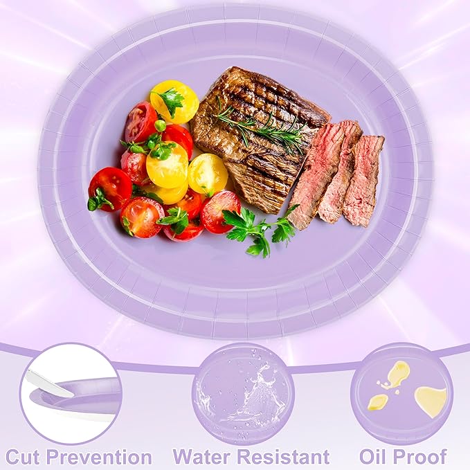 QZYL 50 Count Oval Paper Plates, 12.2'' X 10.2'' Large Lavender Disposable Plates for Daily Dinner, Wedding, Birthday, Party, Picnic, Baby Shower, Barbecue