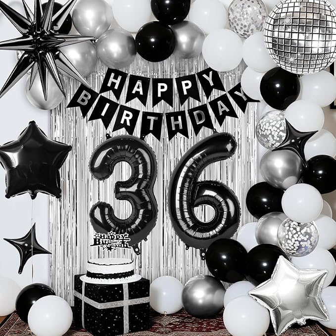 36th Birthday Decorations for Men Women, Black Silver Happy Birthday Party Decorations， 36 Year Old Party Supplies with Number 36 Balloons, Banner, Fringe Curtains Kit
