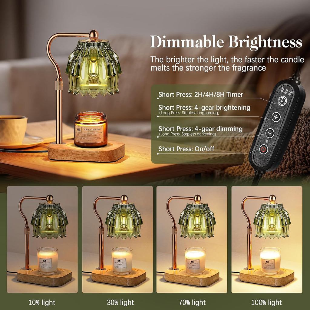Candle Warmer Lamp with Timer Dimmer, Modern Wax Warmer for Scented Wax Jar Candle Warmer with 2 Bulbs, Adjustable Height Glass Lamp for Gifts for Women, Home Decor, Gold Green