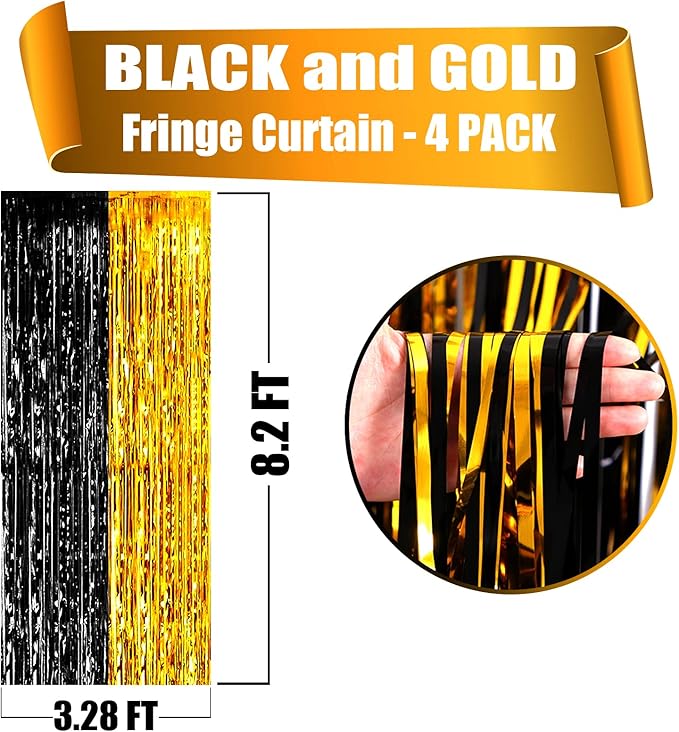 4 Pack Black Gold Foil Fringe Curtain Backdrop, 3.28Ft x 8.2Ft Metallic Tinsel Foil Fringe Streamers Curtains for Photo Booth, Wedding, Graduation, Birthday, Carnival Party Decoration