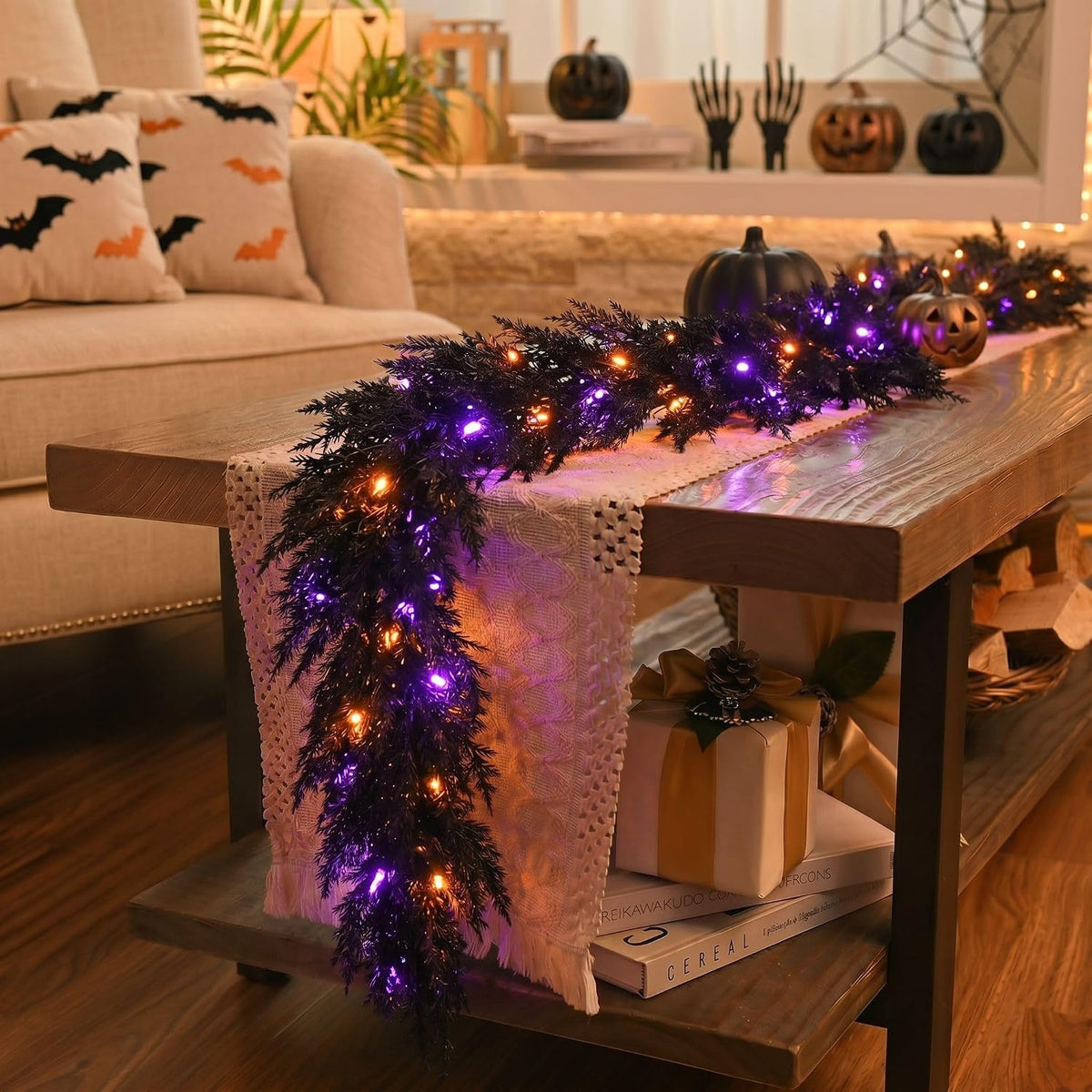 valery madelyn 9ft artificial norfolk pine halloween garland, close-up detail