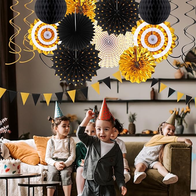 Black-Gold Graduation Party-Decorations - 33pcs Kits Banner, Streamers Tassel Garland,Tissue Pom Poms Honeycomb, Paper Lantern Fans,Wedding New Year Birthday Baby Shower Decor Hugtmr