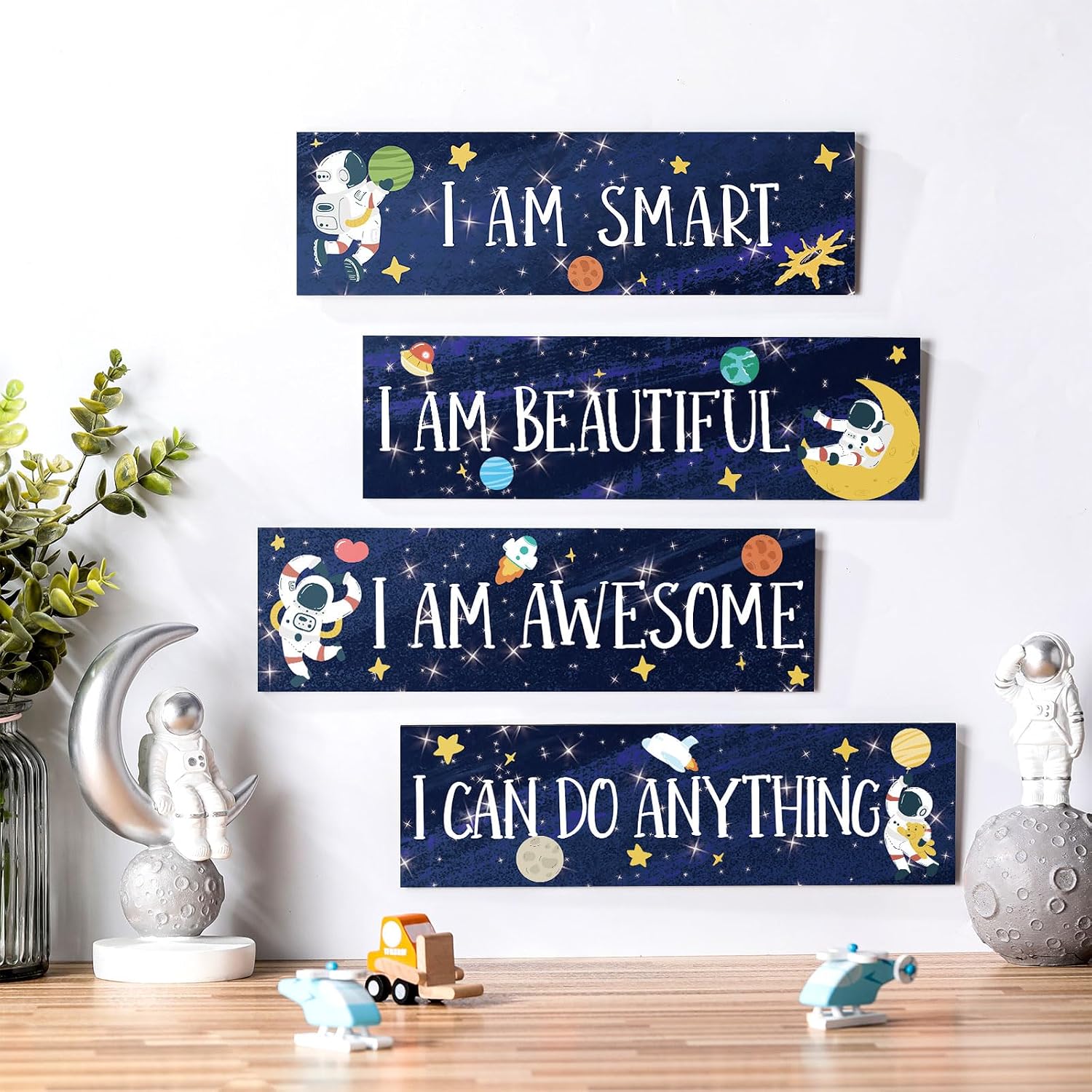 Yookeer 4 Pcs Space Room Decor for Kids Boys Outer Space Wall Art Bedroom Decor for Nursery Classroom Astronaut Galaxy Posters Spaceman Wood Sign Be Brave and Be Kind for Baby Boy(I)