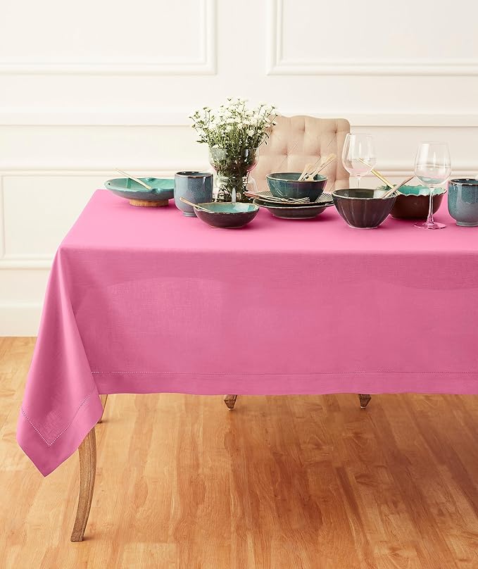 Solino Home Linen Tablecloth for Rectangle Tables 60 x 108 Inch - Classic Hemstitch 100% Pure Linen Flamingo Pink Table Cloth - Machine Washable Cloth Tablecloth for Halloween