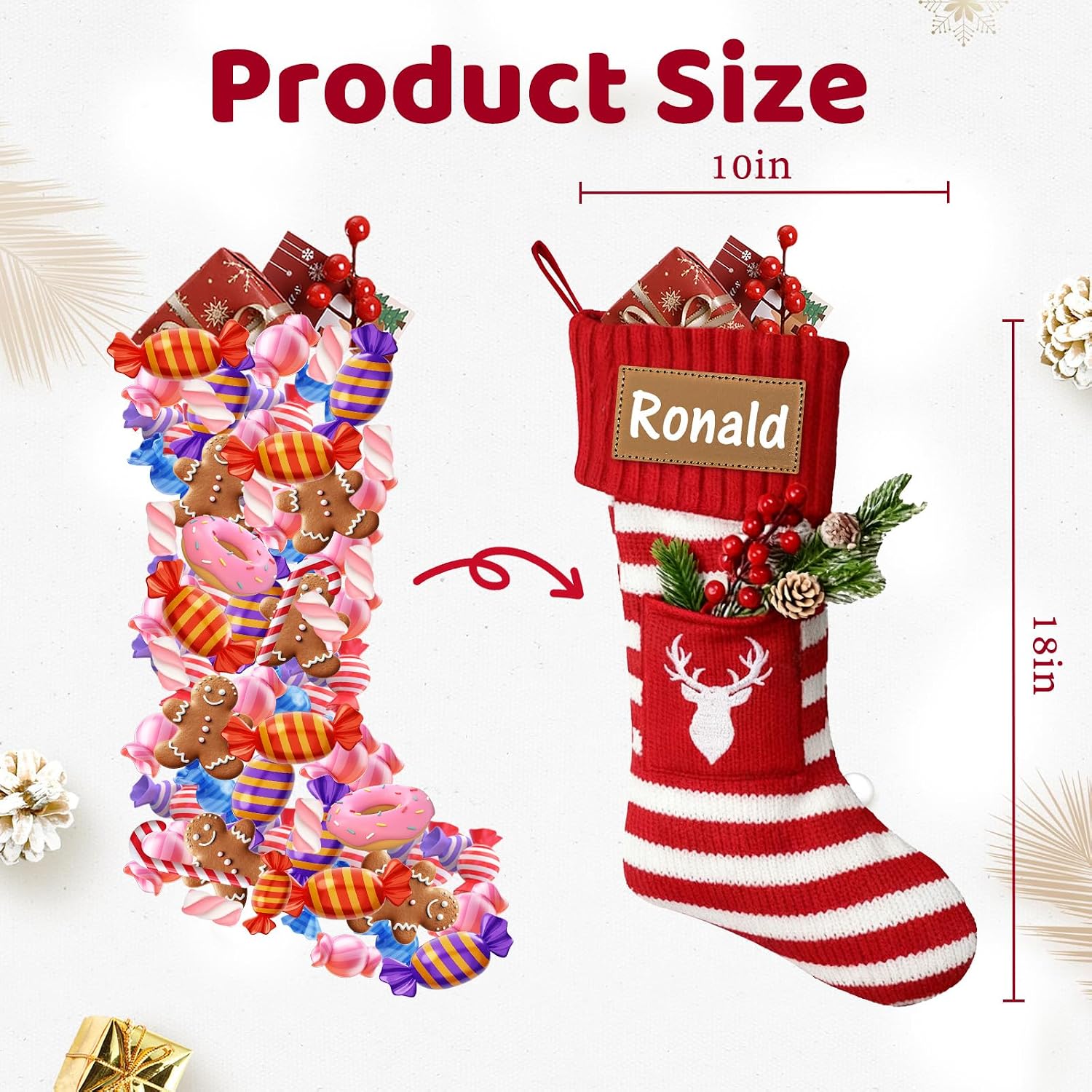 DPDP Personalized Christmas Stockings – Custom Christmas Stockings with Names, 18" Large Family Knit Stocking with Leather Nameplate, Customized Xmas Decorations for Fireplace, Gifts for Kids 1 Pack