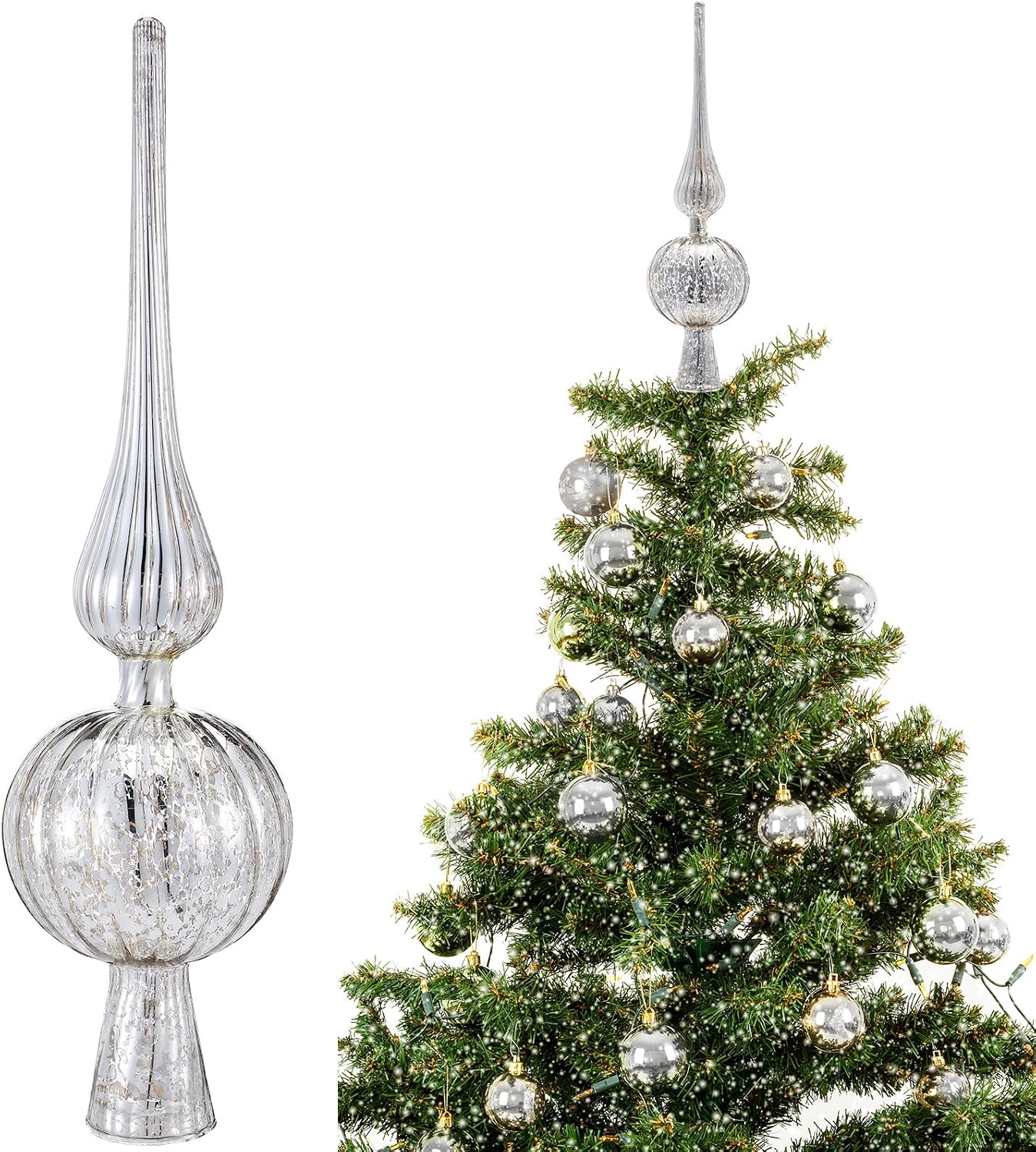 Gejoy Mercury Glass Finial Christmas Tree Topper 12 Inches Vintage Spherical Xmas Tree Topper Mid Century Christmas Ornament for Home Xmas Holiday Party Decorations(Sliver)