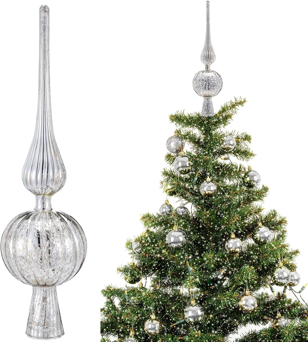 Gejoy Mercury Glass Finial Christmas Tree Topper 12 Inches Vintage Spherical Xmas Tree Topper Mid Century Christmas Ornament for Home Xmas Holiday Party Decorations(Sliver)