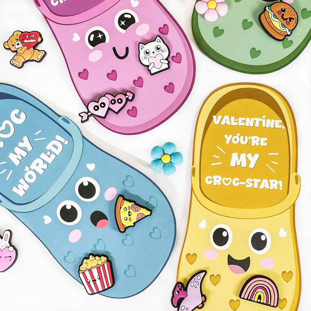 Thigreact Valentines Day Gifts for Kids - 24 Valentine Cards with 48 Shoe Charms Bulk - Valentine Exchange Card for Boys Girls Toddler Class Classroom Gift Funny Party Favors