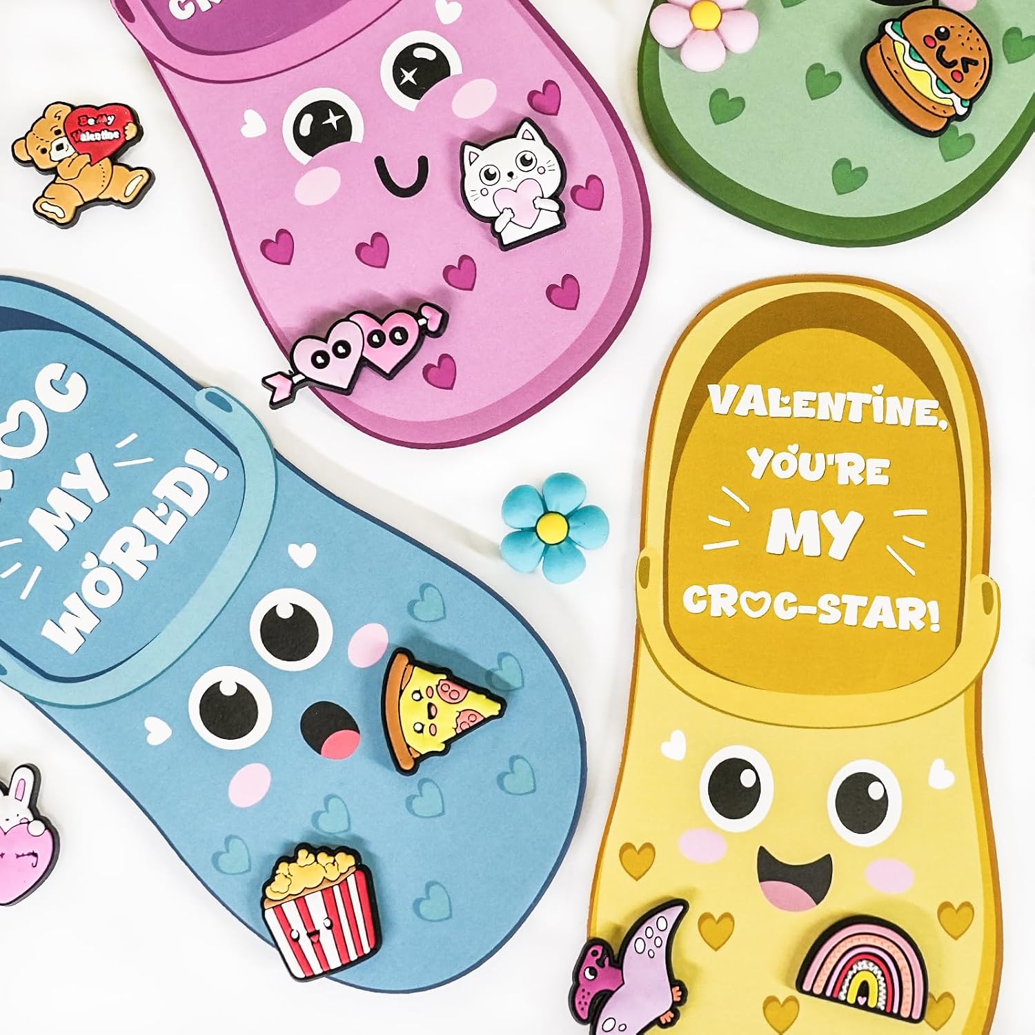 Thigreact Valentines Day Gifts for Kids - 24 Valentine Cards with 48 Shoe Charms Bulk - Valentine Exchange Card for Boys Girls Toddler Class Classroom Gift Funny Party Favors