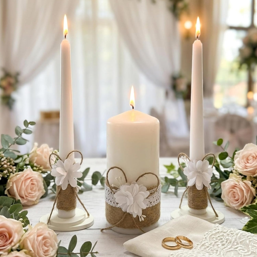 Unity Candle Set - Wedding Ceremony & Reception – 6” Pillar & Two 10” Taper Candles – Long Burning Wedding Unity Candles for Marriage Ritual – Home Decor- Handmade in USA – White | Rustic