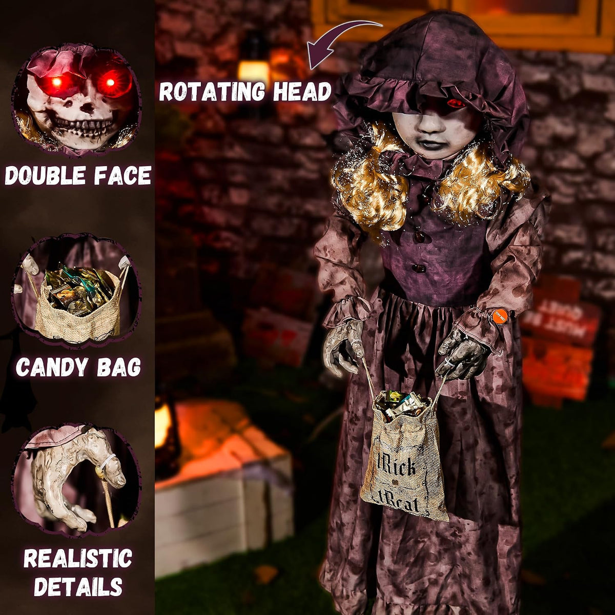 Halloween Animatronics 4ft Creepy Two-Face Doll, Animated 48" Decoration...