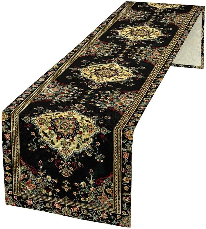 Colorful Boho Flower Table Runner, Vintage Rustic Farmhouse Paisley Hand Drawing Print Pattern for Home Kitchen Table Decor Dining Coffee Room Garden Party Decor 13x108in