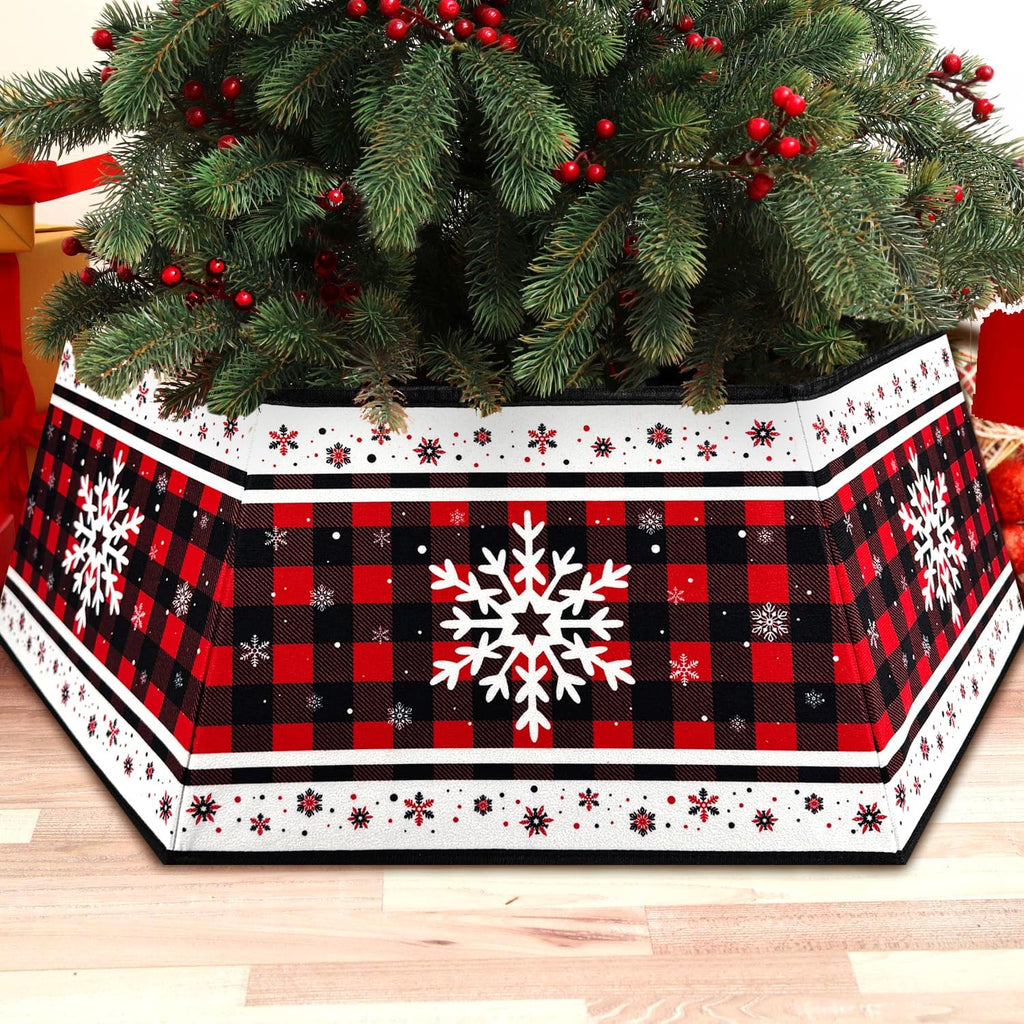 Christmas Tree Collar, Red Christmas Tree Collar, Buffalo Plaid Christmas Trees Skirt, Square Christmas Trees Ring, Foldable Hexagon Xmas Tree Skirt, Snowflake Decor for Holiday Party Home, 31 inch