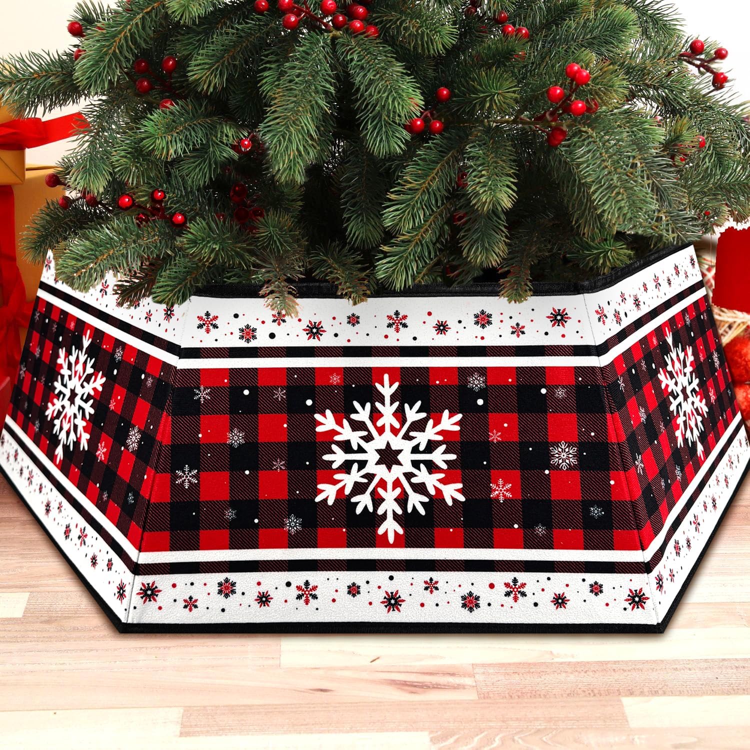 Christmas Tree Collar, Red Christmas Tree Collar, Buffalo Plaid Christmas Trees Skirt, Square Christmas Trees Ring, Foldable Hexagon Xmas Tree Skirt, Snowflake Decor for Holiday Party Home, 31 inch