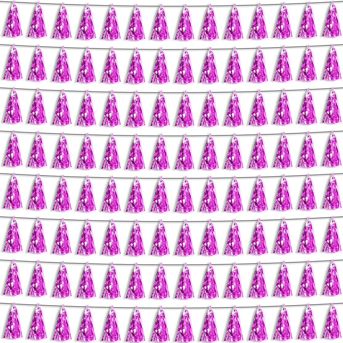 Hysilla Fuchsia Foil Fringe Metallic Tassel Streamers Banner Tassel Garland for Parade Floats, Bachelorette, Wedding, Birthday, Halloween, Christmas, Bridal/Baby Shower Party Decorations