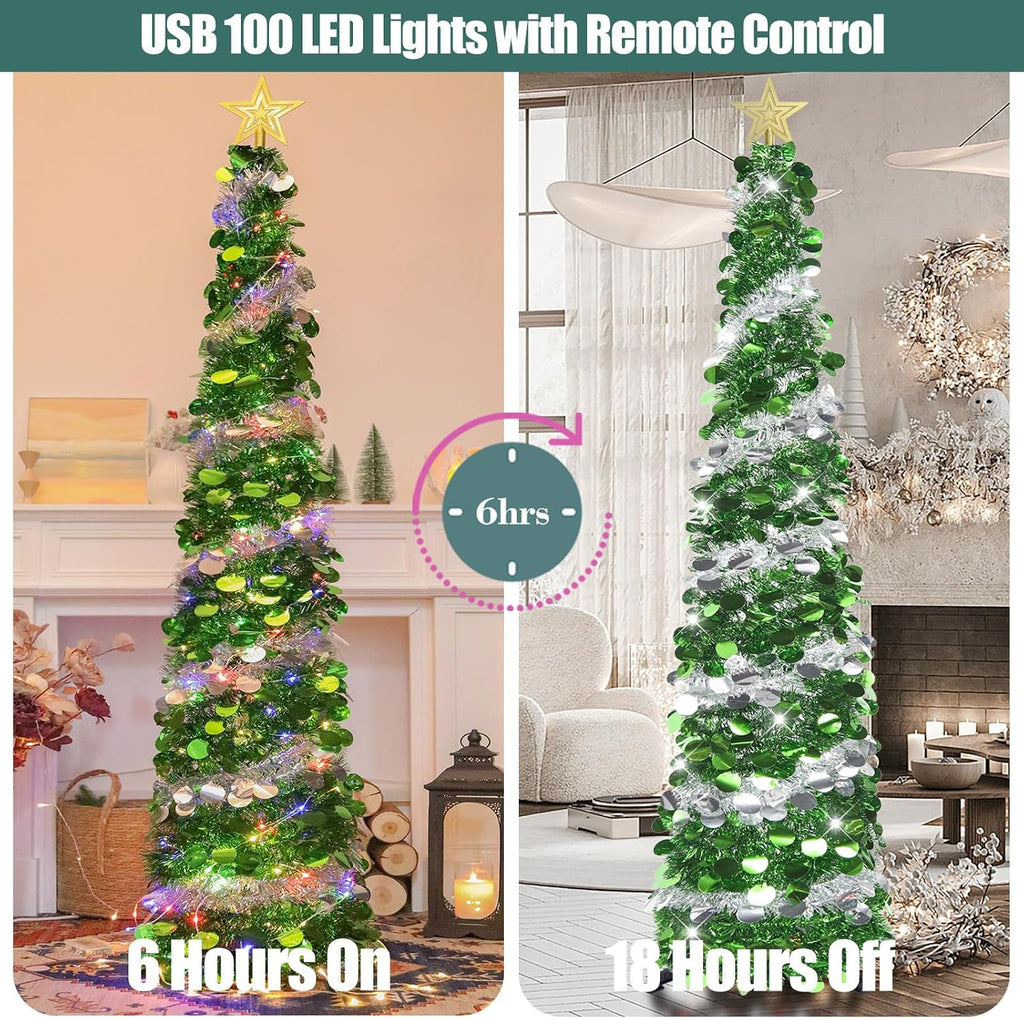 hmasyo 6 ft pop up tinsel christmas tree, close-up detail