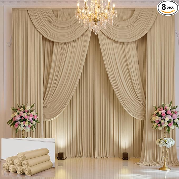 40×12 ft Wrinkle Free Beige Backdrop Curtain for Weddings Parties, 8 Panels 12ft Silky Polyester Wedding Drapes Backdrop Photo Back Drop Cloth for Birthday Baby Shower Photography Backgrounds