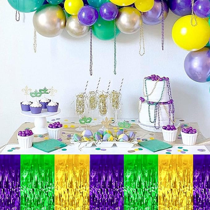 3 Pack 29 x108 Inch Gold Green Purple Foil Fringe Table Skirts Metallic Banner for Tinsel Streamer Garland Backdrop for Parade Floats Mother's Day, Graduate, Birthday, Wedding Party Decoration