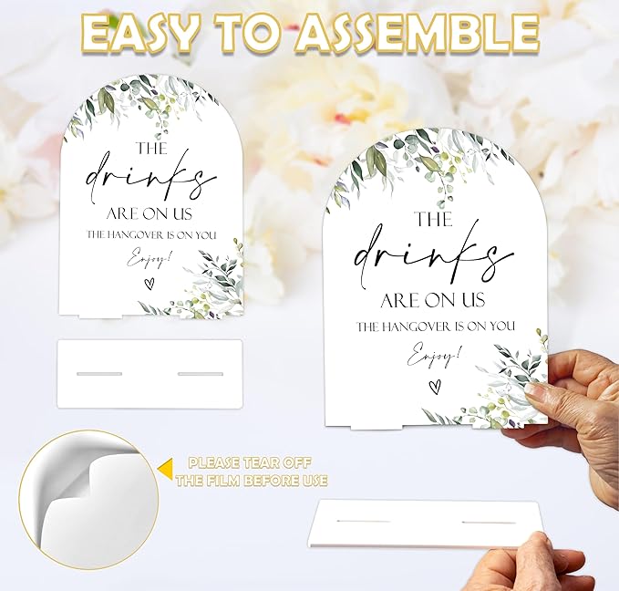 Greenery The Drinks Are On Us Sign, 6 x 8 Inch White Arch Acrylic Wedding Sign with Holder, Wedding Sign for Ceremony and Reception, Wedding Decoration, Wedding Supplies - LY08