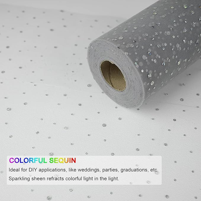 Glitter Tulle Rolls, 6” by 50 Yards (150FT) Sequin Tule Netting Fabric Tulle for Tutu Skirts Sewing Birthday Wedding Party Decoration (Sliver)