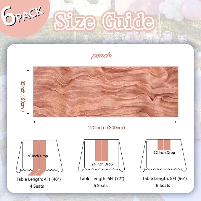 6 Pack Peach Cheesecloth Table Runner 10ft Boho Gauze Fabric Cheese Cloth Table Runner 35 x 120 Inch Rustic Sheer Runner for Romantic Wedding Decor Baby Shower Party Table Centerpiece Decoration
