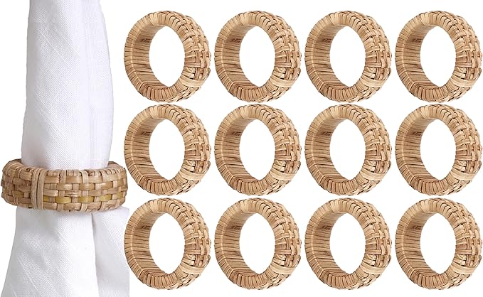 Handcrafted Napkin Ring Set of 12, Unique Cane & Plastic Design, Elegant Tableware, Premium Quality Napkin Ring, Perfect for Dinner Parties, Wedding Decor, Holiday Gatherings (Brown) - CLEENTABLE