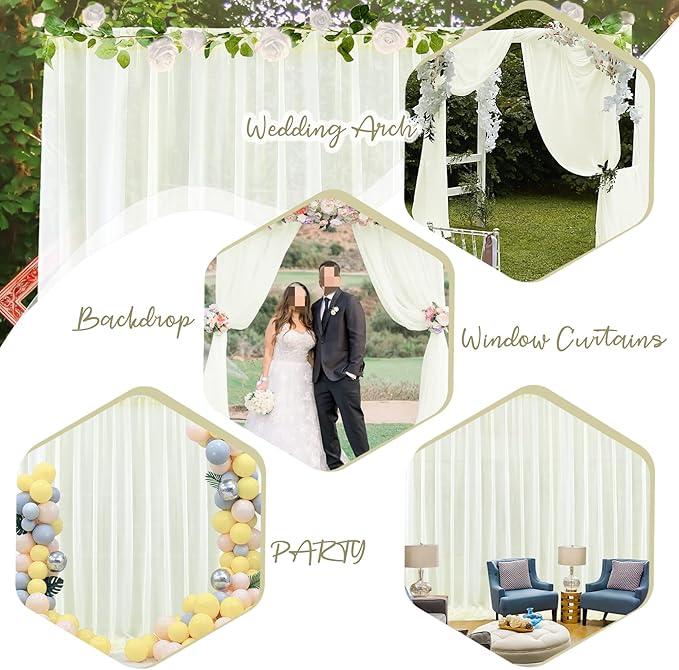 PARTISKY 10ftx10ft Ivory Chiffon Sheer Backdrop Curtains, Wrinkle-Free Wedding Backdrop Drapes for Birthday Party Ceremony Arch Stage Decor Background for Photography 5ft x 10ft,2 Panels