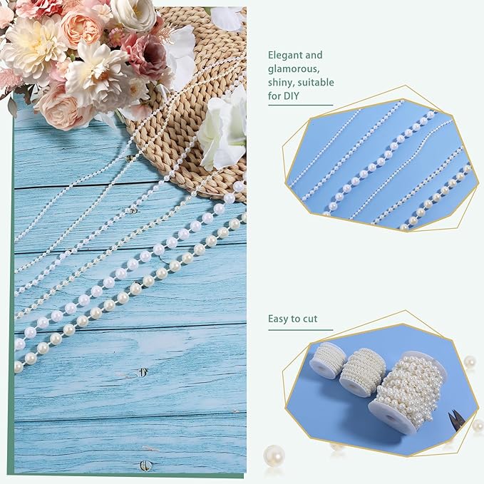 Pearls String Beads 33 Feet Crafts Faux Pearl Roll for Christmas Garland Flowers Wedding Party Jewelry Decoration(10mm White)