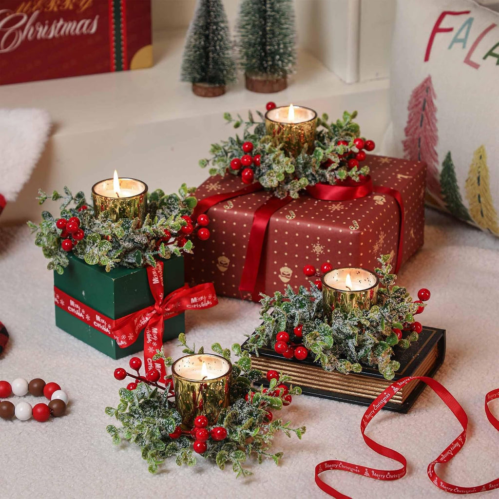 Christmas Candle Ring, 4 Pcs Gold Votive Candles with Red Berry Xmas Candle Ring Wreath for Christmas Table Centerpiece Decoration Party Holiday