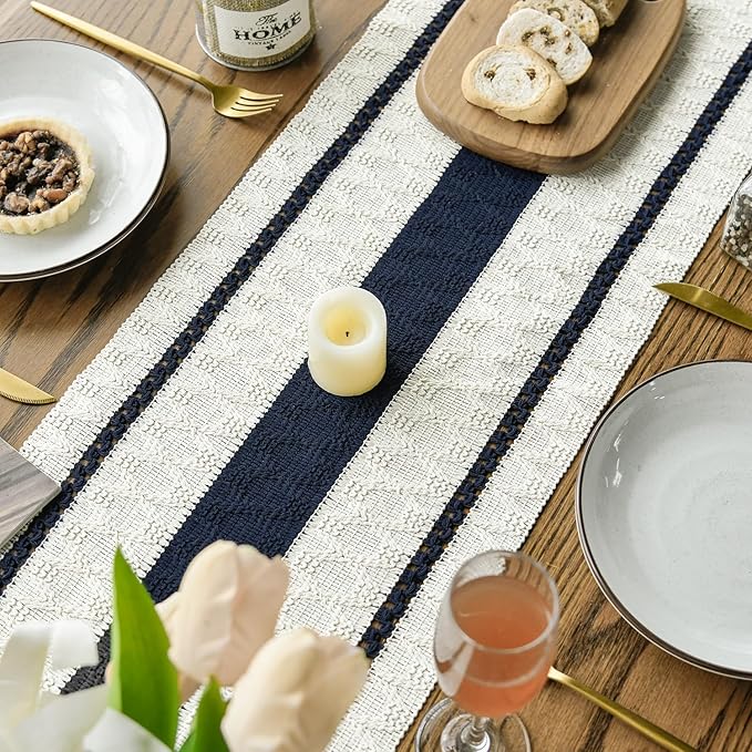 Artoid Mode Dark Blue Farmhouse Woven Rustic Table Runner, Seasonal Holiday Hollow Kitchen Dining Table Decoration for Home Party Decor 12x36 Inch