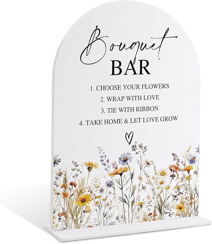 Wedding Signs for Ceremony and Reception, Boho Floral Acrylic Bouquet Bar Sign, Wedding Signage with Stand, Bridal Shower Table Centerpieces, Bouquet Bar Supplies for Engagement Reception Event, 24