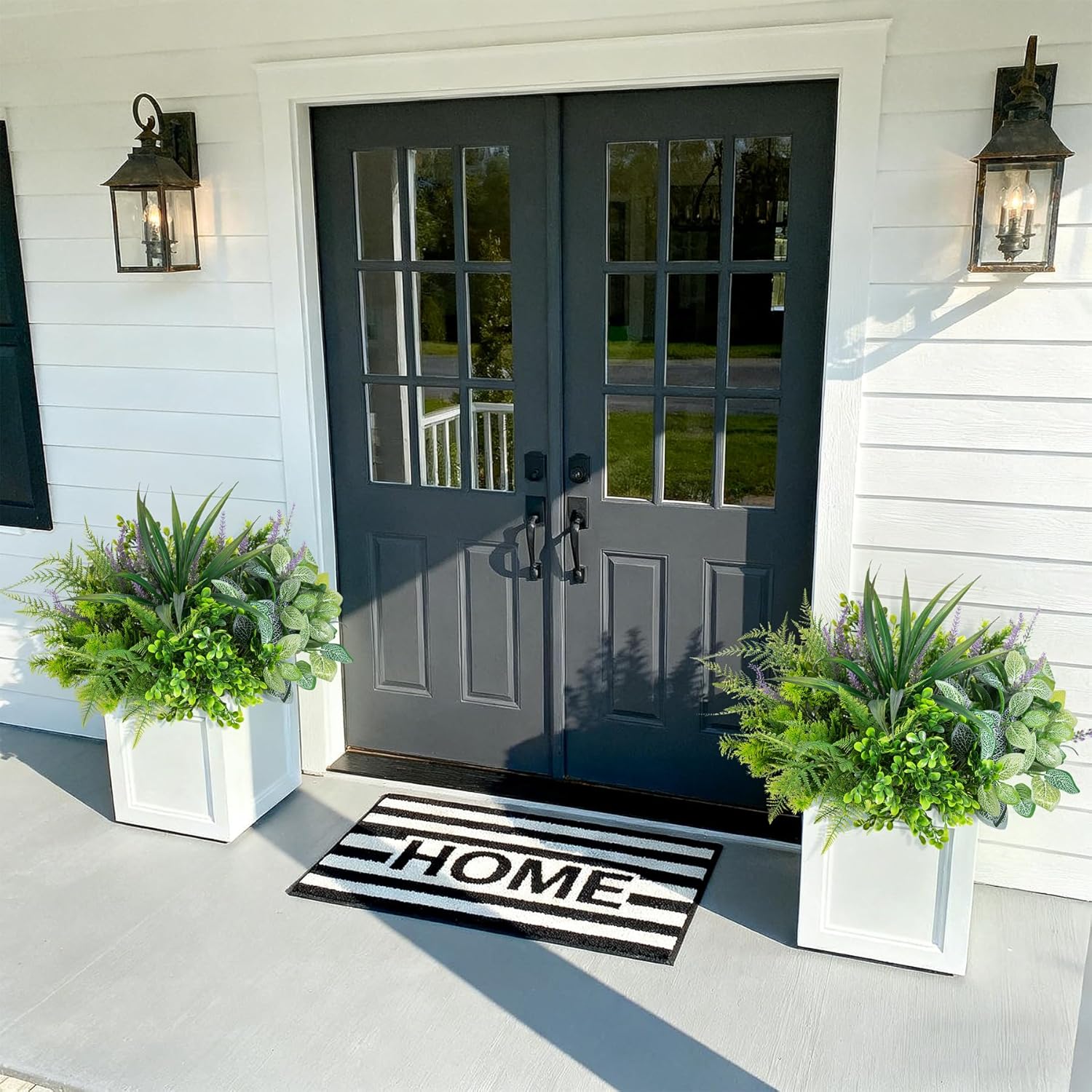 Hrobek Outdoor Faux Plants UV Resistant Fake Greenery for Outside Planter | 12 Bouquet Realistic Artificial Eucalyptus Fern Lavender Spider Vanilla Patio Garden Front Door Porch Yard Home Decor