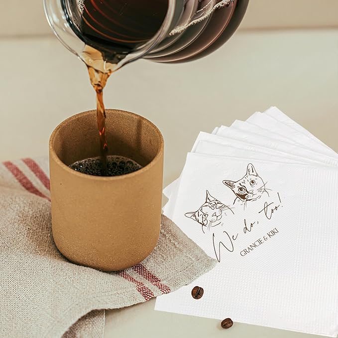 Luxury Personalized Illustrated Cat Wedding Napkins, Personalized Photo Napkins for Cat, Custom Wedding Cocktail, Bridal Shower, Engagement Party